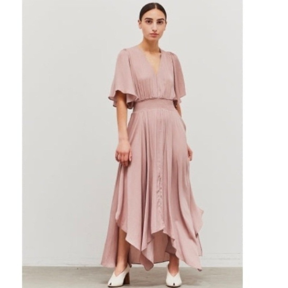 Grade & Gather Mauve Satin V-Neck Handkerchief Hem Smocked Ethereal Midi Dress S